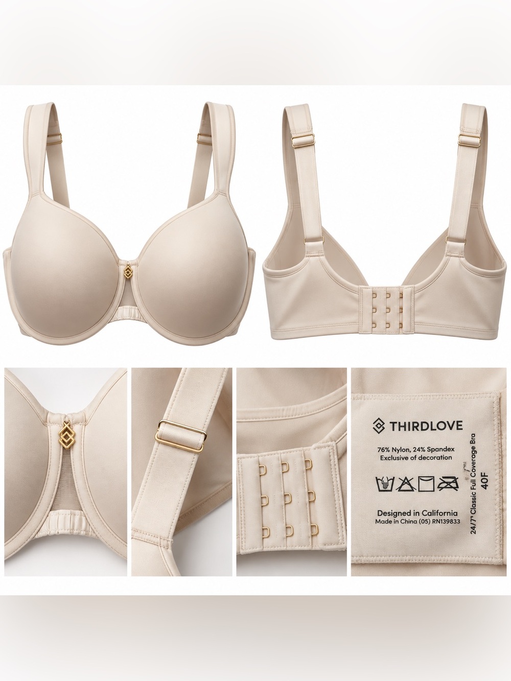 ThirdLove Classic Full Coverage Bra 40F Ivory Nude Underwire T-Shirt Bra